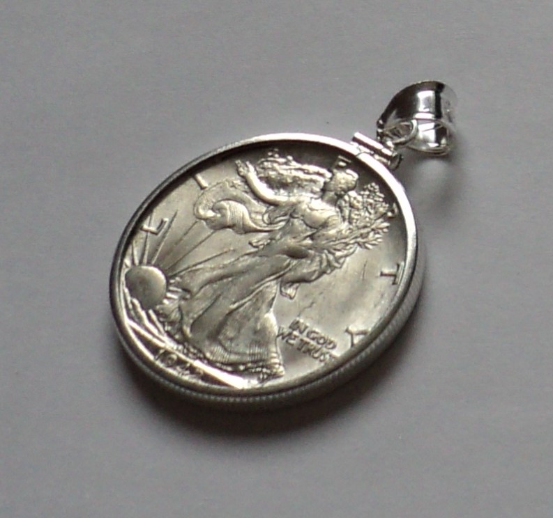 USA 1942s Silver Half Dollar in sterling silver bezel holder for necklace or key ring.