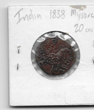 Mysore 1838 20 cash hammered Lion