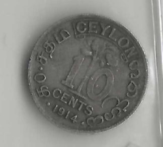 Ceylon 1914 10 Cents. Silver. Scratches