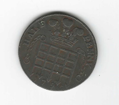 1795 Middlesex Half penny token. Princess of Wales, Portcullis. - Image 3